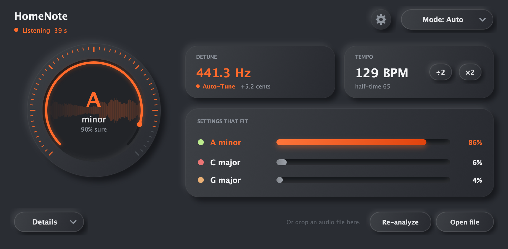 The HomeNote plugin window: A minor, 90% sure, Detune 441.3 Hz, 129 BPM, with A minor, C major and G major as the settings that fit
